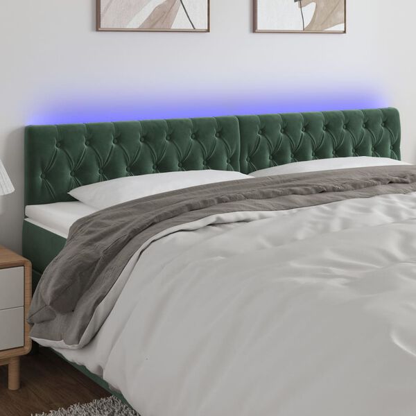 vidaXL Cabeceira de cama c/luzes LED veludo 200x7x78/88cm verde-escuro