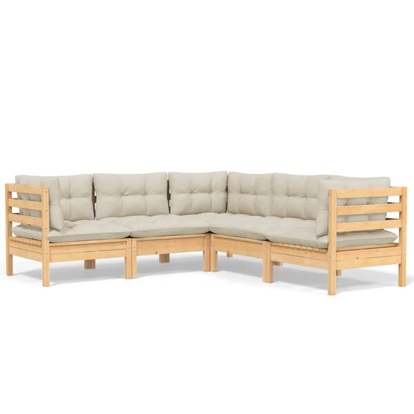 vidaXL 5 pcs conjunto lounge jardim c/ almofad&otilde;es creme pinho maci&ccedil;o