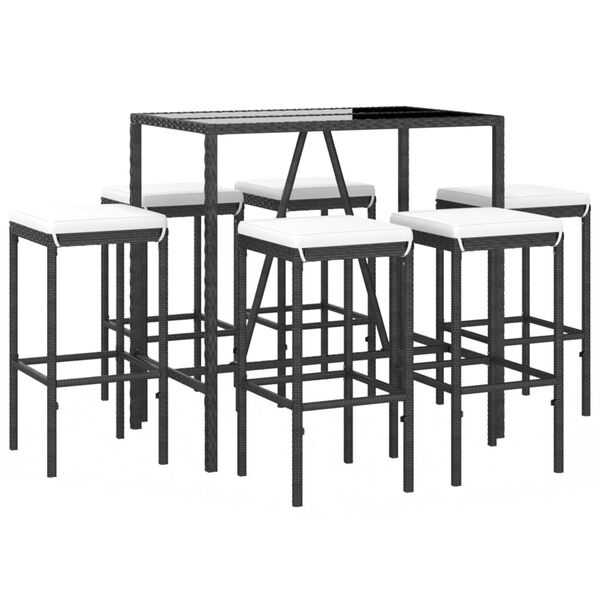 vidaXL 7 pcs conjunto de bar para jardim c/ almofad&otilde;es vime PE preto