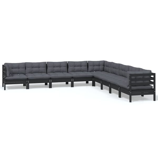 vidaXL 9 pcs conjunto lounge jardim c/ almofad&otilde;es pinho maci&ccedil;o preto