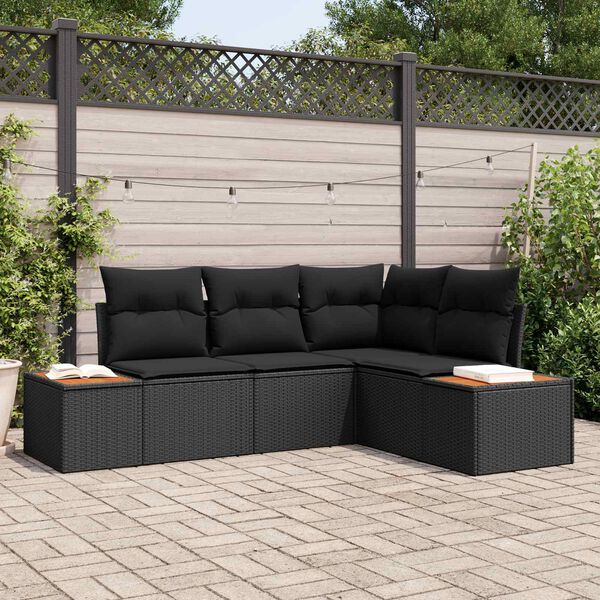 vidaXL Conjunto de Sof&aacute; de Jardim com almofada 4 pcs Preto Polirattan