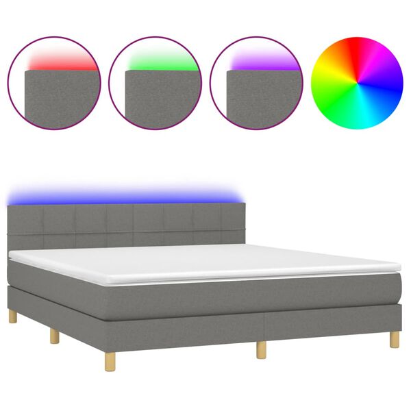 vidaXL Cama box spring c/ colch&atilde;o e LED 180x200 cm tecido cinza-escuro