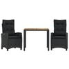 vidaXL 3 pcs conjunto de jantar p/ jardim c/ almofad&otilde;es vime PE preto