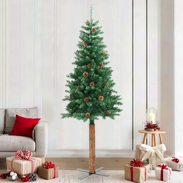 vidaXL Árvore de Natal fina madeira e pinhas genuínas 210 cm PVC verde