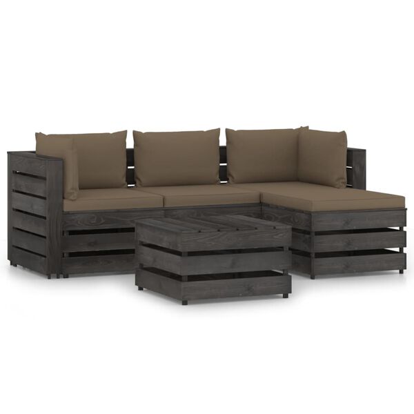 vidaXL 5 pcs conj. lounge jardim + almofad&otilde;es madeira impreg. cinzento