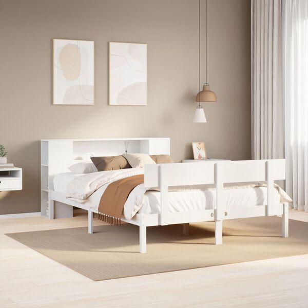 vidaXL Cama com estante sem colchão 140x190 cm pinho maciço branco