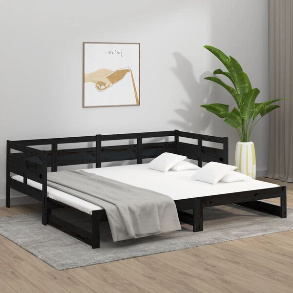 vidaXL Sof&aacute;-cama de puxar pinho maci&ccedil;o preto 2x(80x200) cm