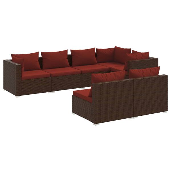 vidaXL 7 pcs conjunto lounge jardim c/ almofad&otilde;es vime PE castanho