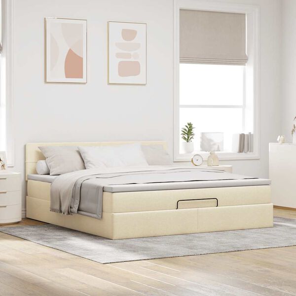vidaXL Estrutura de cama otomana com colch&atilde;o tecido creme 160x200cm