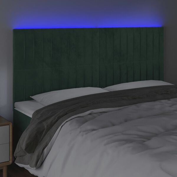 vidaXL Cabeceira de cama c/ LED veludo 200x5x118/128 cm verde-escuro