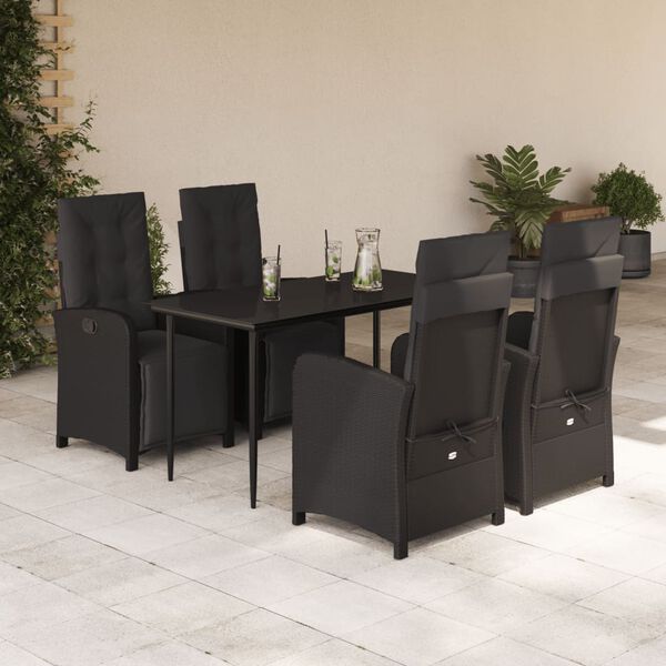 vidaXL 5 pcs conjunto de jantar p/ jardim c/ almofad&otilde;es vime PE preto