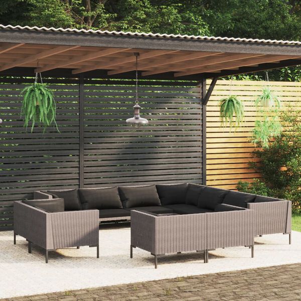 vidaXL 11 pcs conj. lounge jardim c/ almofad&otilde;es vime PE cinza-escuro