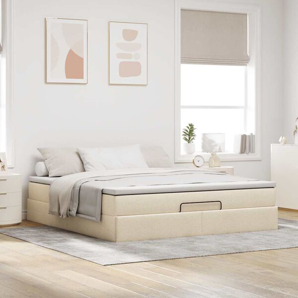 vidaXL Estrutura de cama otomana com colch&atilde;o tecido creme 160x200cm