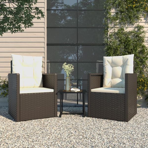 vidaXL 3 pcs conjunto lounge de exterior c/ almofad&otilde;es vime PE preto