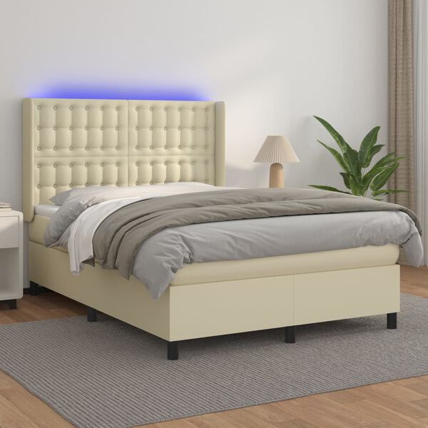 vidaXL Cama box spring c/ colch&atilde;o/LED 140x200cm couro artificial creme