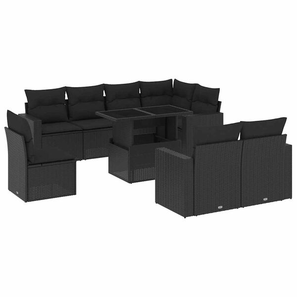 vidaXL 9 pcs conjunto de sof&aacute;s p/ jardim c/ almofad&otilde;es vime PE preto