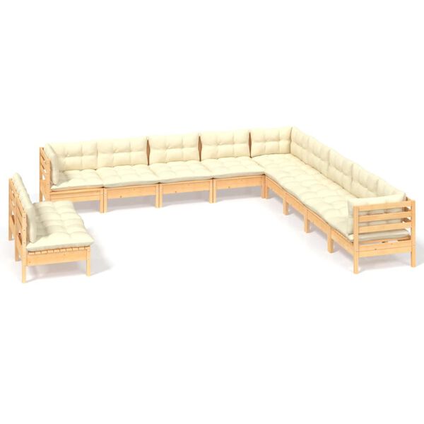 vidaXL 11 pcs conjunto lounge jardim c/ almofad&otilde;es creme pinho maci&ccedil;o