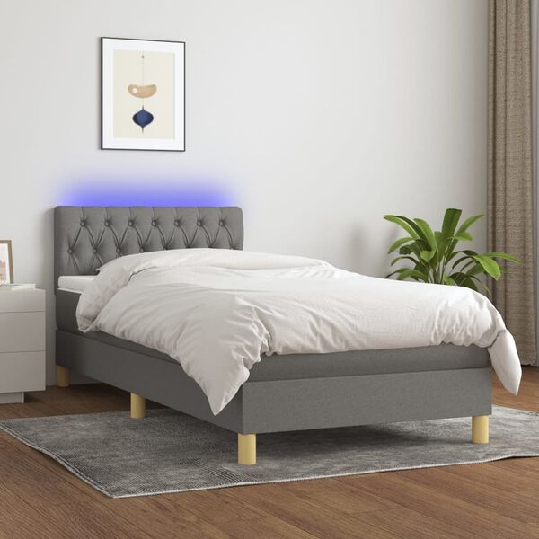 vidaXL Cama box spring c/ colch&atilde;o e LED 90x200 cm tecido cinza-escuro