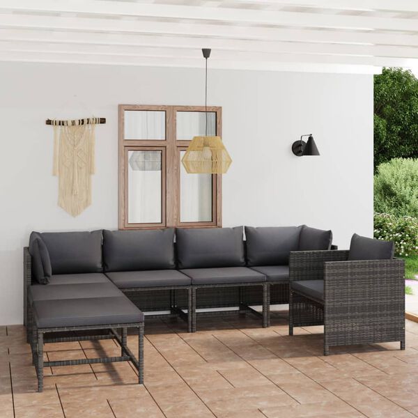 vidaXL 7 pcs conjunto lounge de jardim c/ almofadões vime PE cinzento