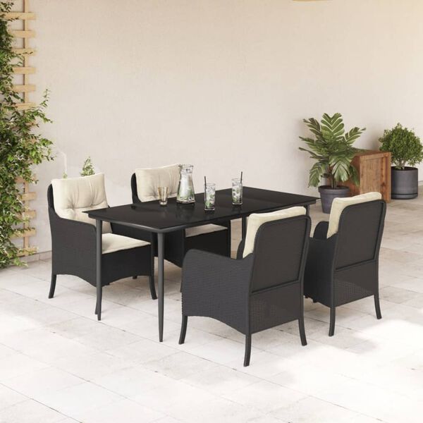 vidaXL 5 pcs conjunto de jantar p/ jardim c/ almofad&otilde;es vime PE preto