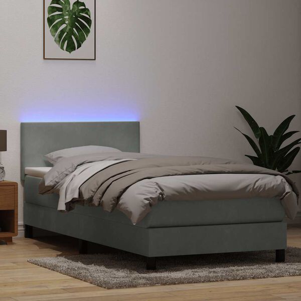 vidaXL Cama box spring c/ colch&atilde;o e LED 100x210 cm veludo cinzento claro