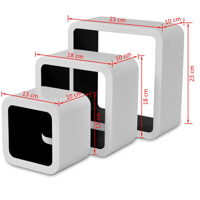 Conjunto 3 prateleiras de parede em forma de cubo MDF branco/preto