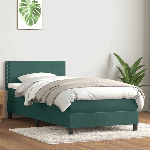 vidaXL Cama com molas/colch&atilde;o 100x210 cm veludo verde-escuro