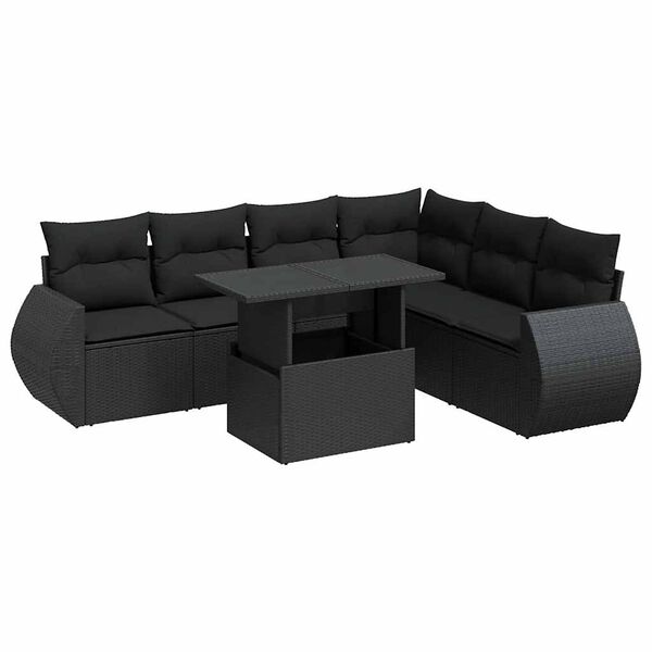 vidaXL 7 pcs conjunto de sof&aacute;s p/ jardim c/ almofad&otilde;es vime PE preto