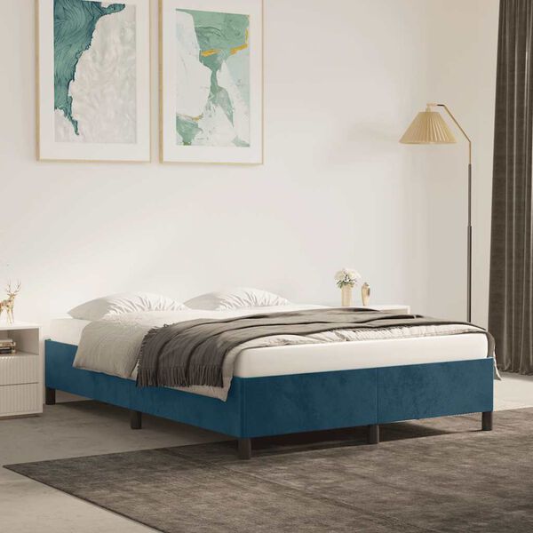vidaXL Estrutura de cama sem colch&atilde;o 140x190 cm veludo azul-escuro