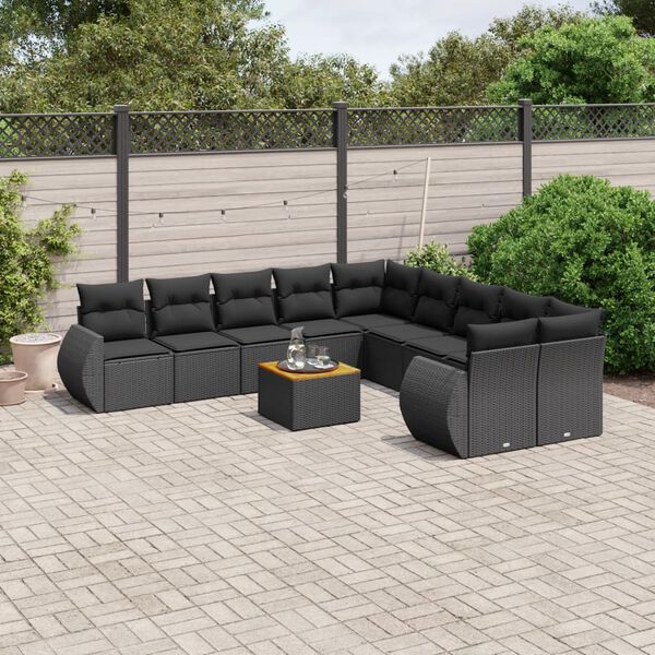 vidaXL 11 pcs conjunto sof&aacute;s de jardim c/ almofad&otilde;es vime PE preto