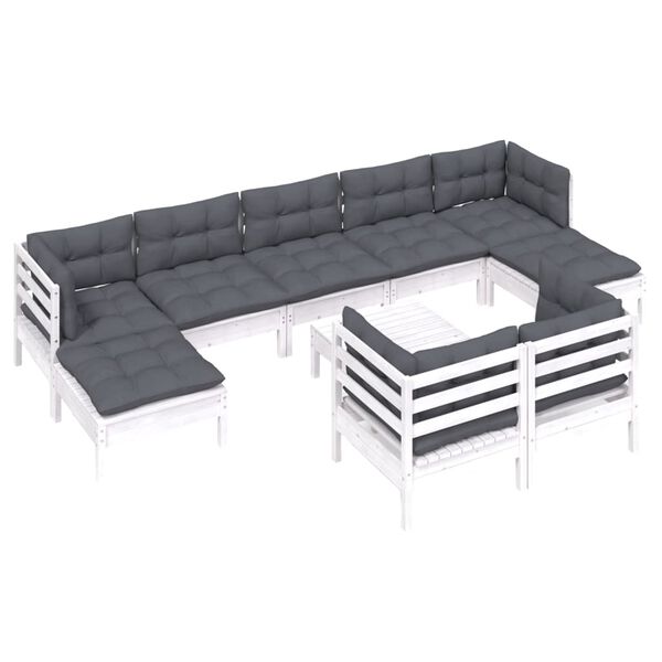 vidaXL 10 pcs conj. lounge de jardim c/ almofad&otilde;es pinho maci&ccedil;o branco