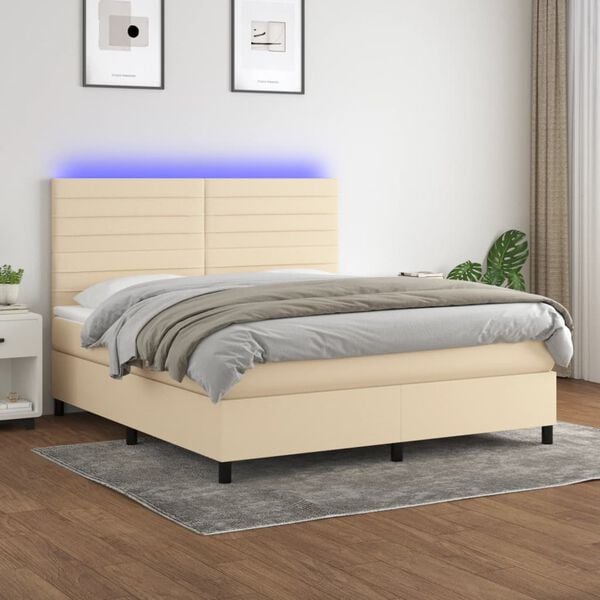 vidaXL Cama box spring c/ colch&atilde;o e LED 180x200 cm tecido cor creme