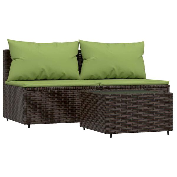 vidaXL 3 pcs conjunto lounge jardim c/ almofad&otilde;es vime PE castanho