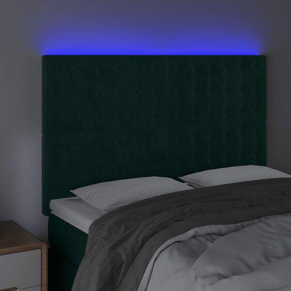 vidaXL Cabeceira de cama c/ LED veludo 144x5x118/128 cm verde-escuro