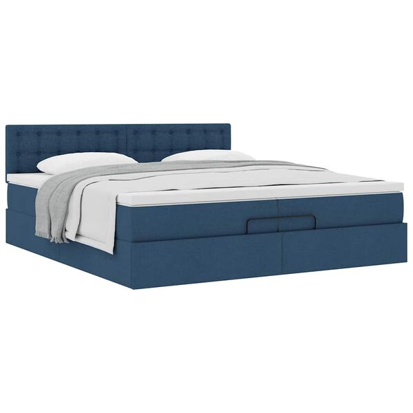 vidaXL Estrutura de cama otomana com colch&atilde;o 200x200 cm tecido azul