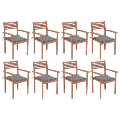 vidaXL Cadeiras de jardim empilháveis c/ almofadões 8 pcs teca maciça