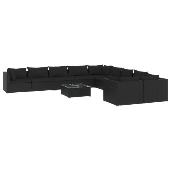 vidaXL 11 pcs conjunto lounge de jardim c/ almofad&otilde;es vime PE preto