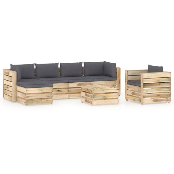 vidaXL 7 pcs conj. lounge jardim c/ almofad&otilde;es madeira impreg. verde