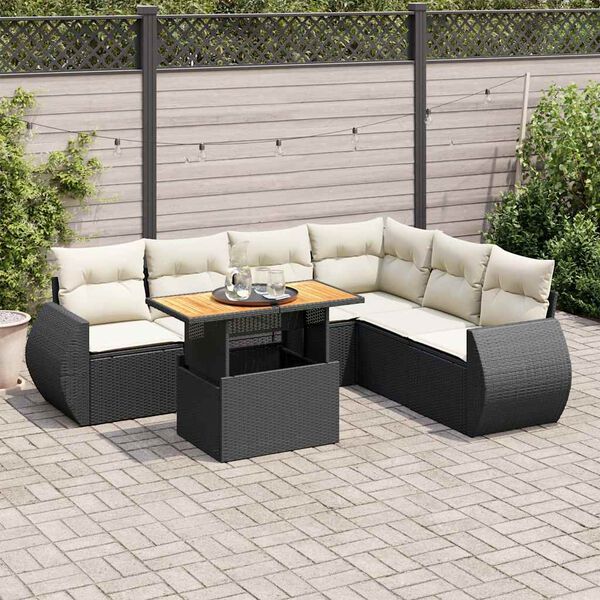 vidaXL 7 pcs conjunto de sof&aacute;s p/ jardim c/ almofad&otilde;es vime PE preto