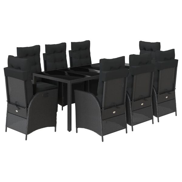 vidaXL 9 pcs conjunto de jantar p/ jardim c/ almofad&otilde;es vime PE preto