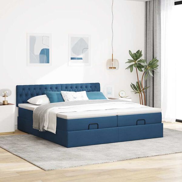vidaXL Estrutura de cama otomana com colch&otilde;es 180x200cm tecido azul