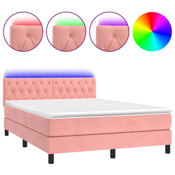 vidaXL Cama box spring c/ colch&atilde;o/LED 140x200 cm veludo rosa