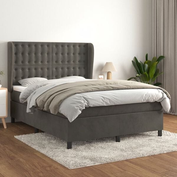 vidaXL Cama com molas/colch&atilde;o 140x190 cm veludo cinzento-escuro