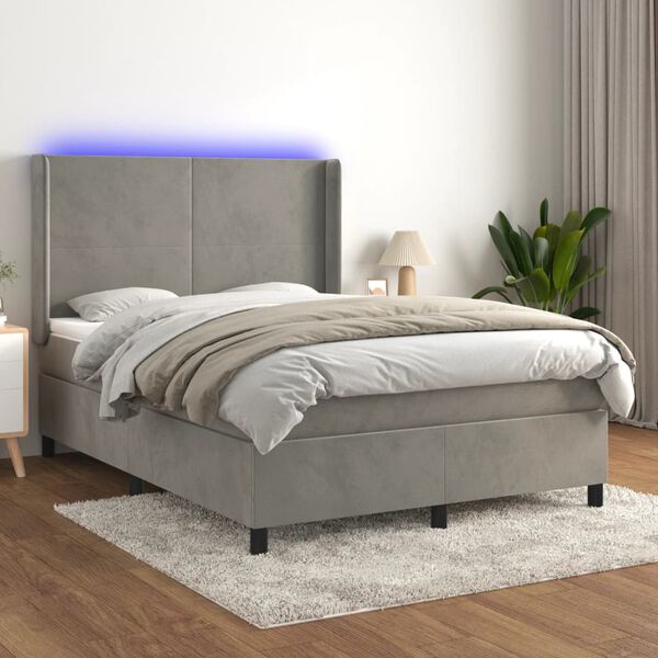 vidaXL Cama box spring c/ colch&atilde;o/LED 140x200 cm veludo cinzento-claro