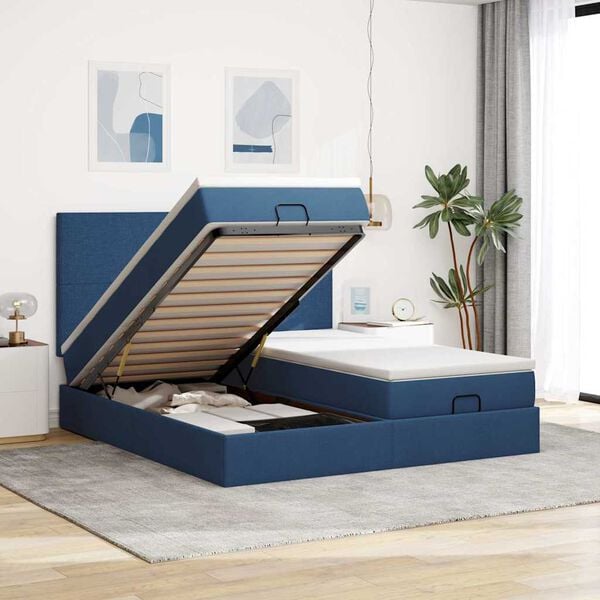 vidaXL Estrutura de cama otomana com colch&otilde;es 160x200cm tecido azul