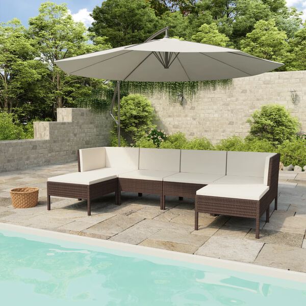 vidaXL 6 pcs conjunto lounge jardim c/ almofadões vime PE castanho