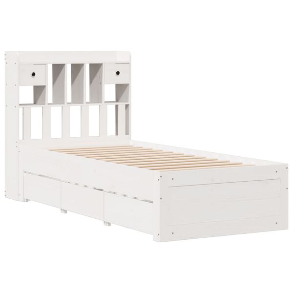 vidaXL Cama com estante sem colch&atilde;o 75x190 cm pinho maci&ccedil;o branco