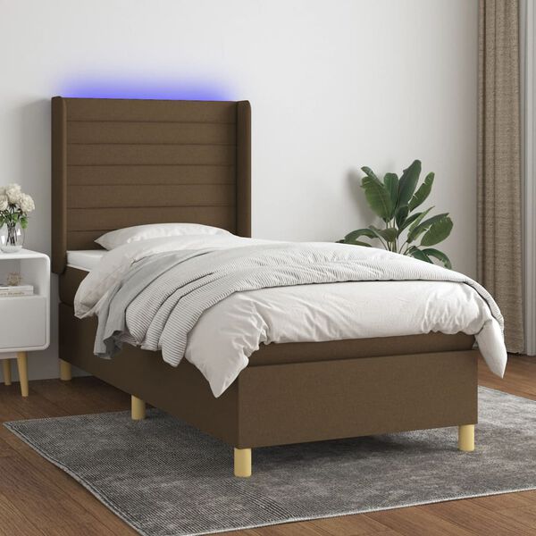 vidaXL Cama box spring c/ colch&atilde;o/LED 90x190 cm tecido castanho-escuro