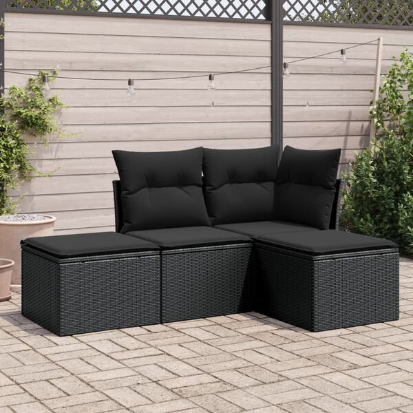 vidaXL 4 pcs conjunto de sof&aacute;s para jardim c/ almofad&otilde;es vime PE preto