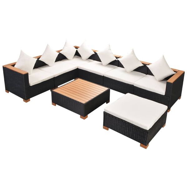 vidaXL 8 pcs conjunto lounge de jardim c/ almofadões vime PE preto